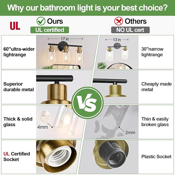 Zarbitta 3-Light Bathroom Light Fixtures, Black and Gold Bathroom Wall Lights, Modern Vanity Light with Clear Glass Shade, Bathroom Wall Lamp for Mirror Kitchen Bedroom Hallway Cabinet