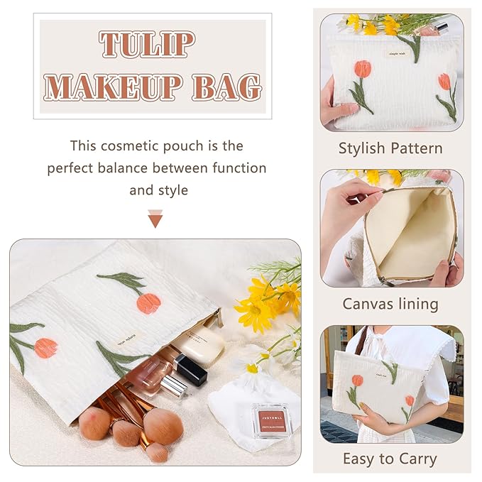 ZLFSRQ Makeup Bag Travel Cosmetic Bag for Purse Floral Zipper Makeup Pouch for Women Small Cute Flower Cosmetic Pouch Toiletry Bag Pencil Case Portable Organizer Canvas Aesthetic Gift (Tulip)