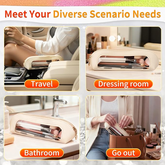 Gthiely Small Double Sided Clear Makeup Bag - Waterproof Portable Makeup Brush Bag PU Leather Travel Makeup Brush Case Cosmetic Organizer Pouch with Zipper for Women Home Travel Office (White)