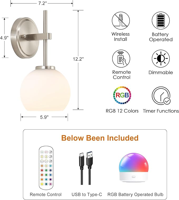 Brushed Nickel Battery Operated Wall Sconce Set of 2, Wireless Rechargeable Sconces Wall Lighting with Remote Control, LED Wall Lights with Opal White Glass Shade, 12 Colors RGB & 3 CCT Bulb