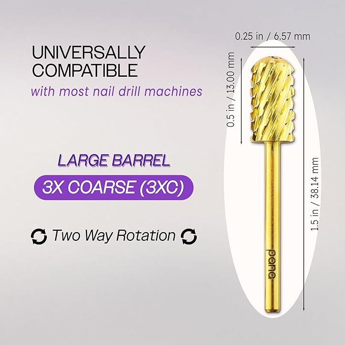 PANA 3/32" Large Smooth Round Top Safety Carbide Nail Drill Bit for Gel Polish & Acrylic Removal Nail Salon Manicure Pedicure Electric File Tools (Large Barrel - Gold, 3X Coarse)