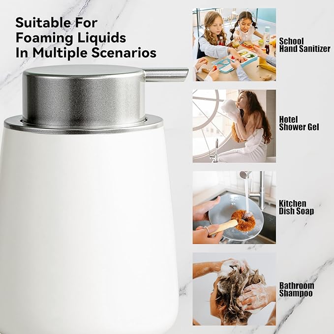 AZMOYAC Foaming Soap Dispenser - 12 Oz White Ceramic Foam Hand Soap Dispenser for Bathroom, Face Wash Dispenser Bottle with Silvery Foaming Pump, Matte Lotion Dish Dispenser Refillable for Kitchen