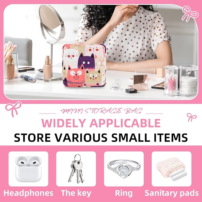OLLBIT Sanitary Napkin Storage Bag,Period Bag,Portable Period Bag for Teen Pads Sanitary Napkins Small Tampons First Period Gifts for School Hygiene Bags Travel Containers (Cat)