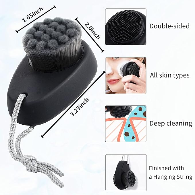 Silicone Face Scrubber Double Side, Handheld Facial Cleansing Brush 2 in 1 Face Cleanser Brush for Deep Cleansing and Exfoliating, Blackhead Makeup Removal 2 Pcs (Black, Purple)