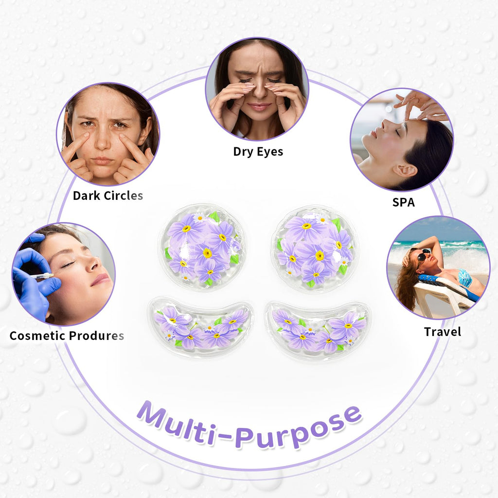 CONBELLA 4PCS Gel Eye Ice Pack Set, Cold & Hot Compress, Reusable Cooling Gel Pads for Strain Relief, Swelling, Dark Circles, Redness, Puffy Eyes, Surgery Recovery(4 Purple flowers)