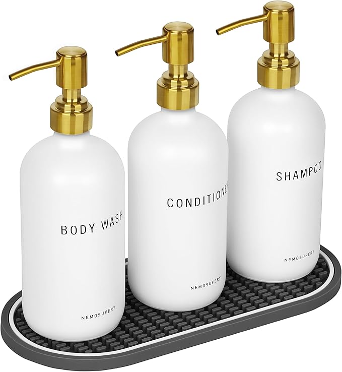 Nemosupery White Glass Shampoo and Conditioner Dispenser Set –16.9oz Refillable Bottles with Stainless Steel Pump, Non-Slip Mat & Waterproof Labels –Shampoo Conditioner Body Wash Dispenser for Shower