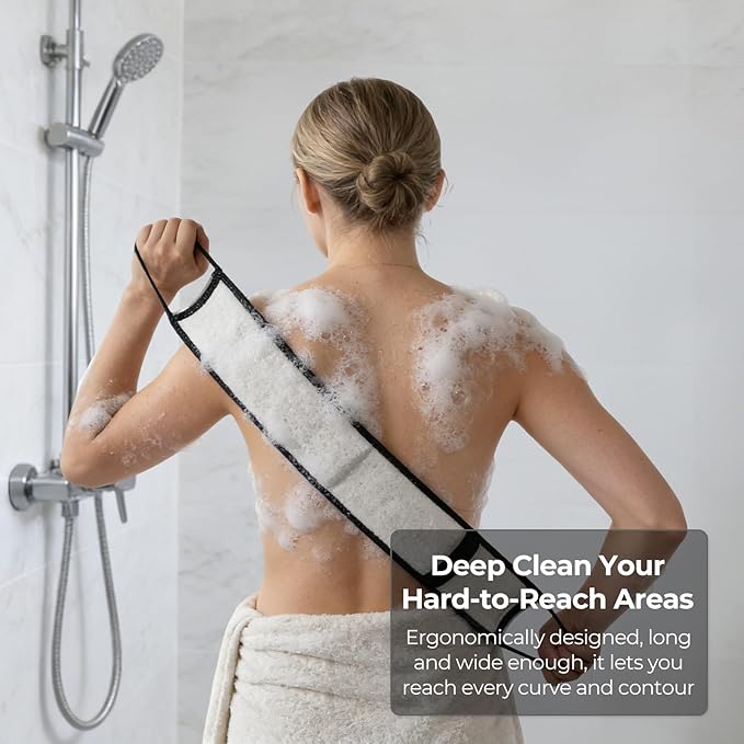 Natural Loofah Back Scrubber, Double-Sided Exfoliating Body Scrubber with Handy Strap for Deep Cleaning, Durable Bath Shower Luffa Sponges for Men and Women (Black)