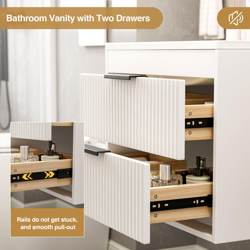 30 Inches Modern MDF Bathroom Vanity with Sink, Wall Mounted Floating Cabinets w/Double Drawers, Black Handles, White Resin Sink Combo Set (White, 30")