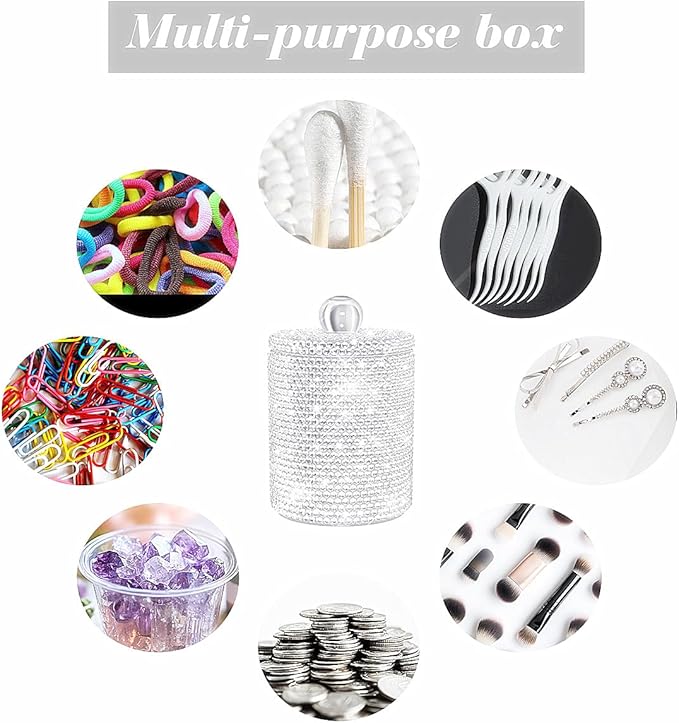 Yivaiks Bling Qtip Dispenser for Cotton Swabs, Balls, Pads, Floss Picks- Small Plastic Canister Apothecary Jar,Bathroom Essentials Accessories Decor, Vanity Makeup Qtip Holder Storage Organizer