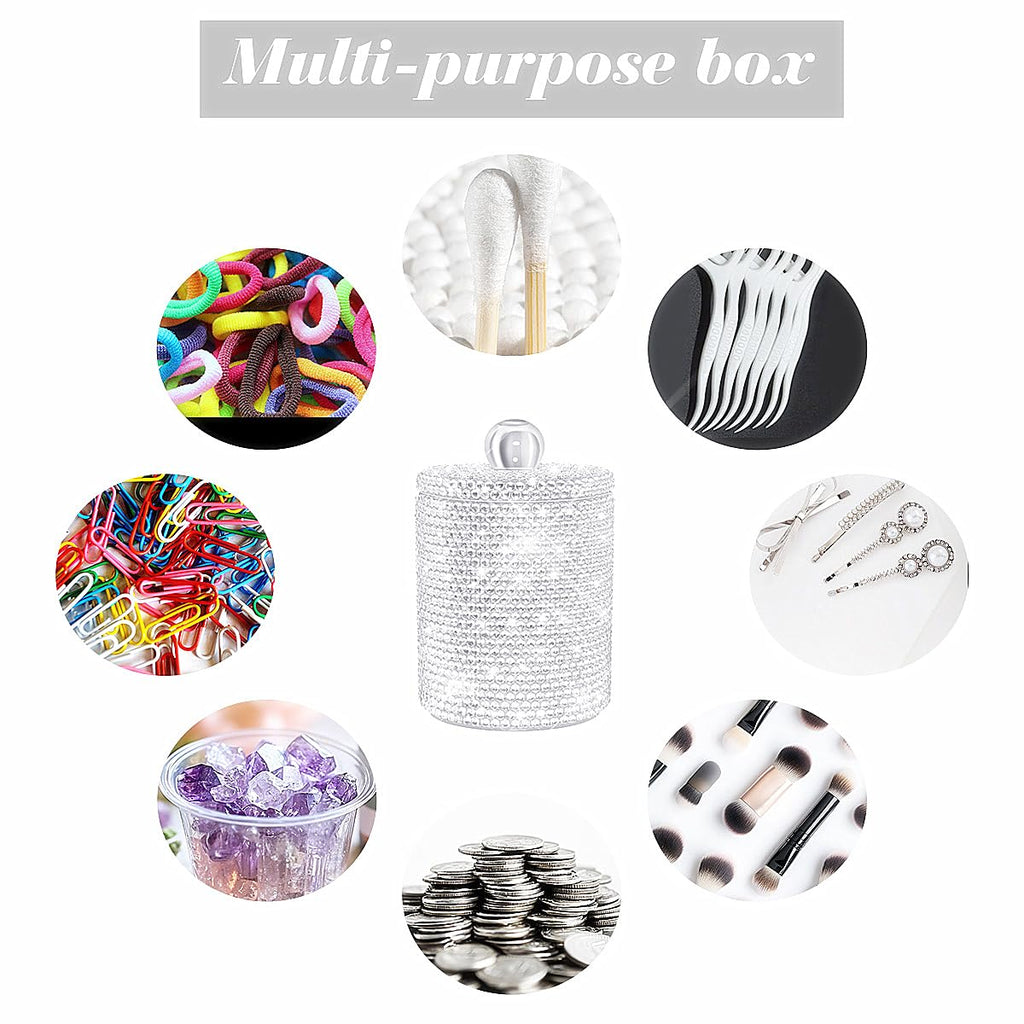 Yivaiks Bling Qtip Dispenser for Cotton Swabs, Balls, Pads, Floss Picks- Small Plastic Canister Apothecary Jar,Bathroom Essentials Accessories Decor, Vanity Makeup Qtip Holder Storage Organizer (1)