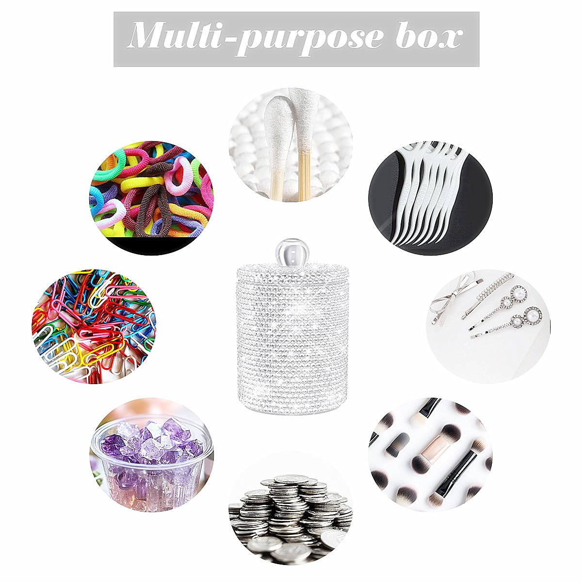 Yivaiks Bling Qtip Dispenser for Cotton Swabs, Balls, Pads, Floss Picks- Small Plastic Canister Apothecary Jar,Bathroom Essentials Accessories Decor, Vanity Makeup Qtip Holder Storage Organizer (1)