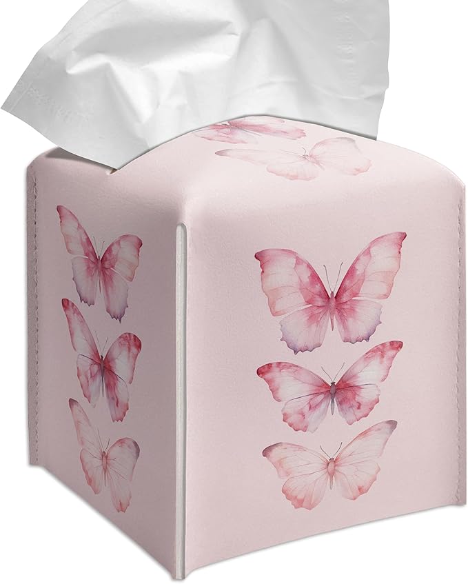 Grace Yonks Cute Pink Butterfly Tissue Box Cover Square, Cube Case for Facial Tissues, 5.2" PU Leather(075)