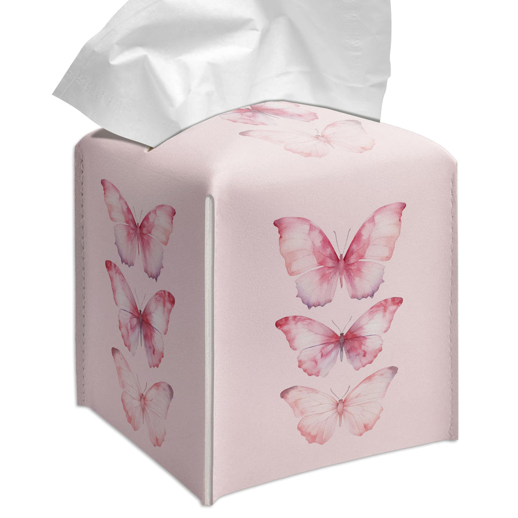 Grace Yonks Cute Pink Butterfly Tissue Box Cover Square, Cube Case for Facial Tissues, 5.2" PU Leather(075)