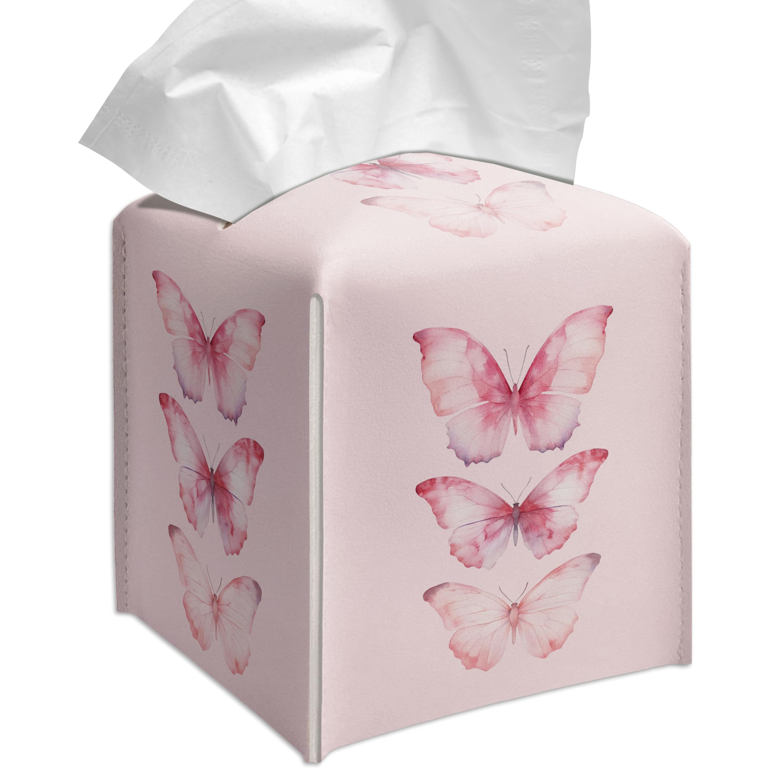 Grace Yonks Cute Pink Butterfly Tissue Box Cover Square, Cube Case for Facial Tissues, 5.2" PU Leather(075)
