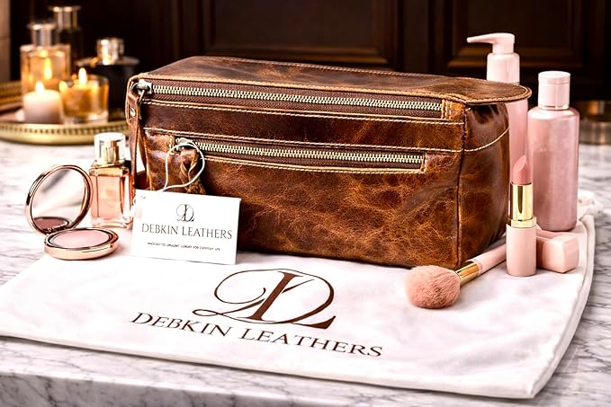 DEBKIN FOCUS Premium Top Grain Buffalo Leather Toiletry Bag for Men & Women – Travel Toiletry Wash Bag, Shaving Grooming Organizer, Water Resistant Lining, Unisex Makeup Travel Pouch