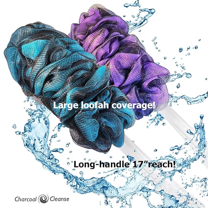 SHOWER BOUQUET Color-Charcoal Back-Loofah-with-Handle | 2-Pack Loofa Lufa