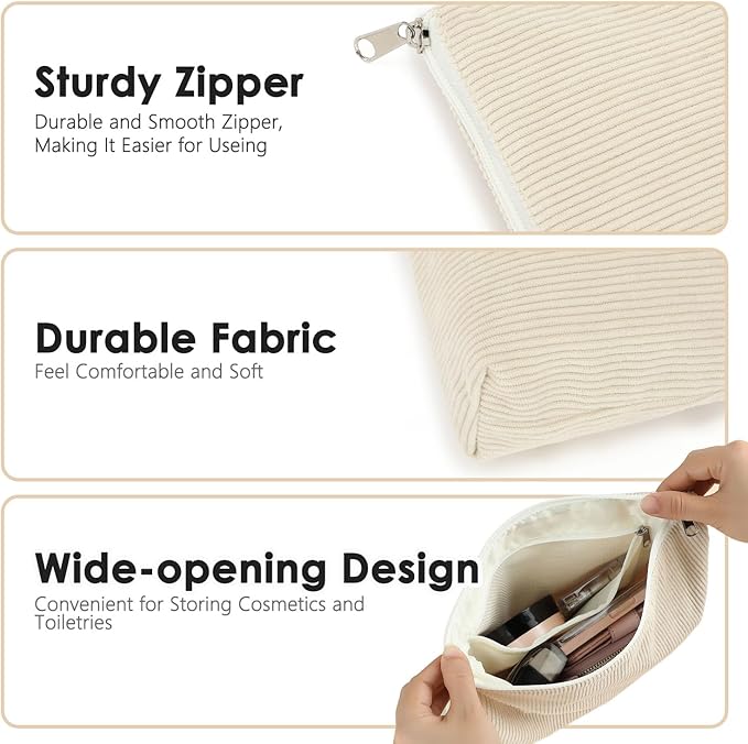 Fammart Corduroy Makeup Bag, Travel Cosmetic Bag Organizer Toiletry Bag Make Up Bags with Zipper & Compartments for Women Girls