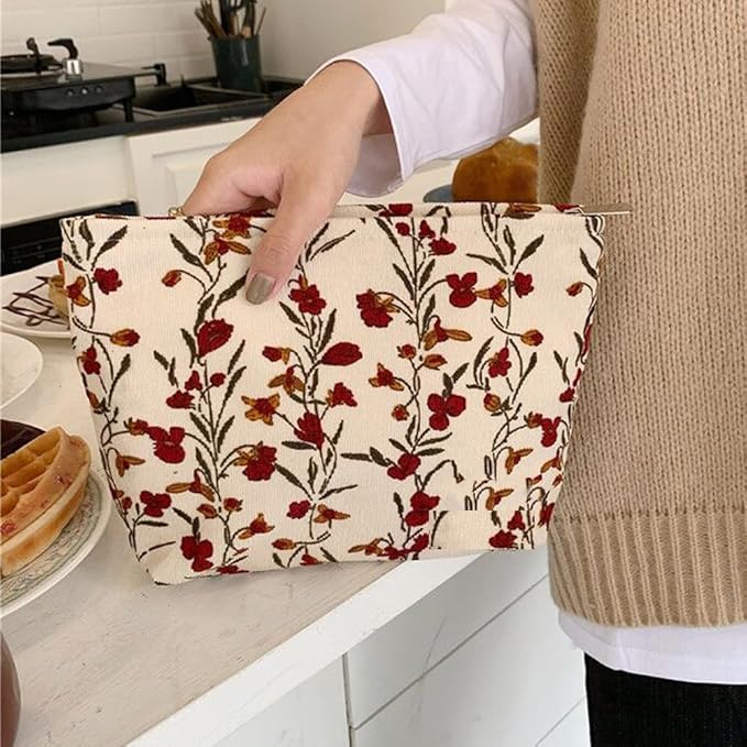 SxoSyo Floral Makeup Bag, Corduroy Cosmetic Bags, Beige