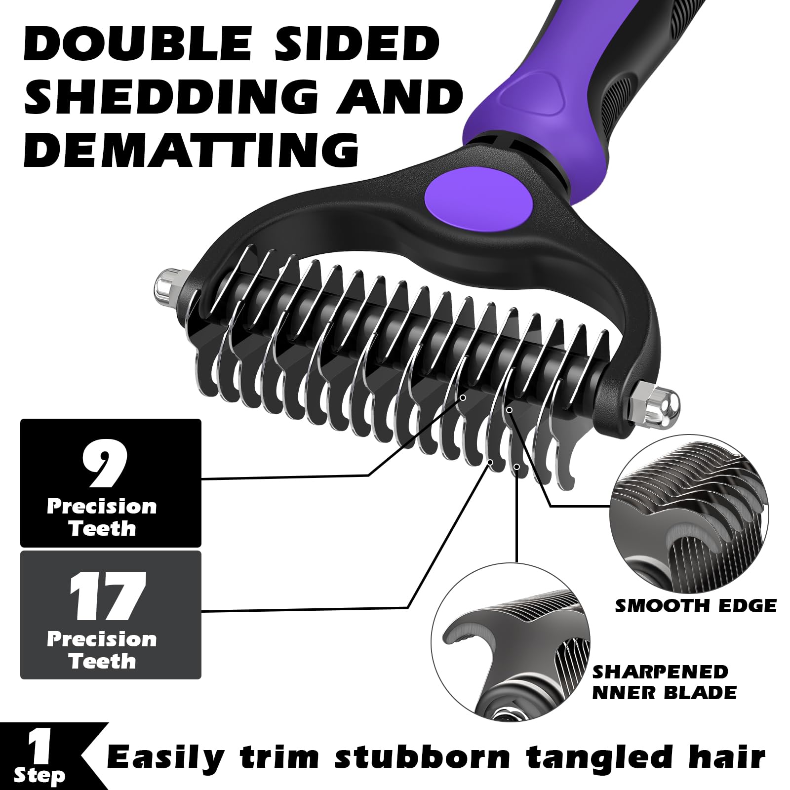 Professional 3PCS Self Cleaning Slicker Brush & Pet Grooming Rake & Flea Comb for Dogs,Cats and Horses | Double-Sided Dematting Comb & Skin Friendly Deshedding Grooming Tool | Pet Supplies (Purple)