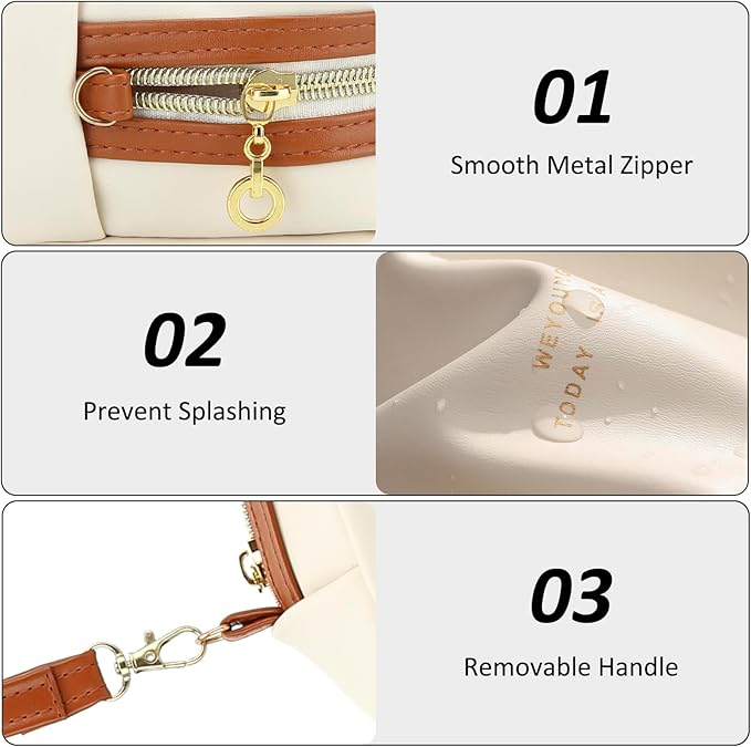 JINSI Small Makeup Bag Travel Cosmetic Bag Toiletry Zipper Pouch Make Up Organizer Bag with Handle Purse for Women Soft PU Leather Skincare Case (Beige)