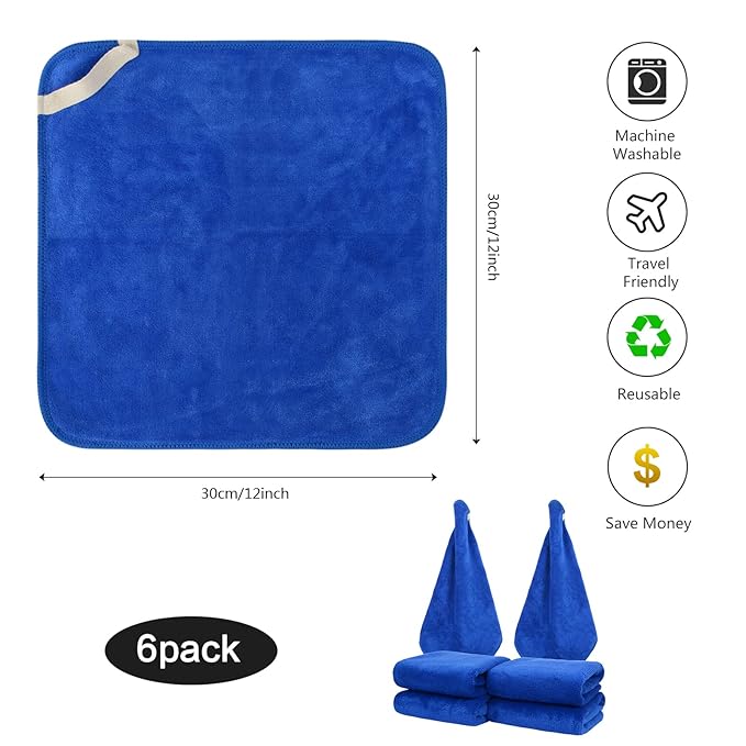 SINLAND Microfiber Facial Cloths Fast Drying Washcloth 12inch x 12inch (6pack, Blue)