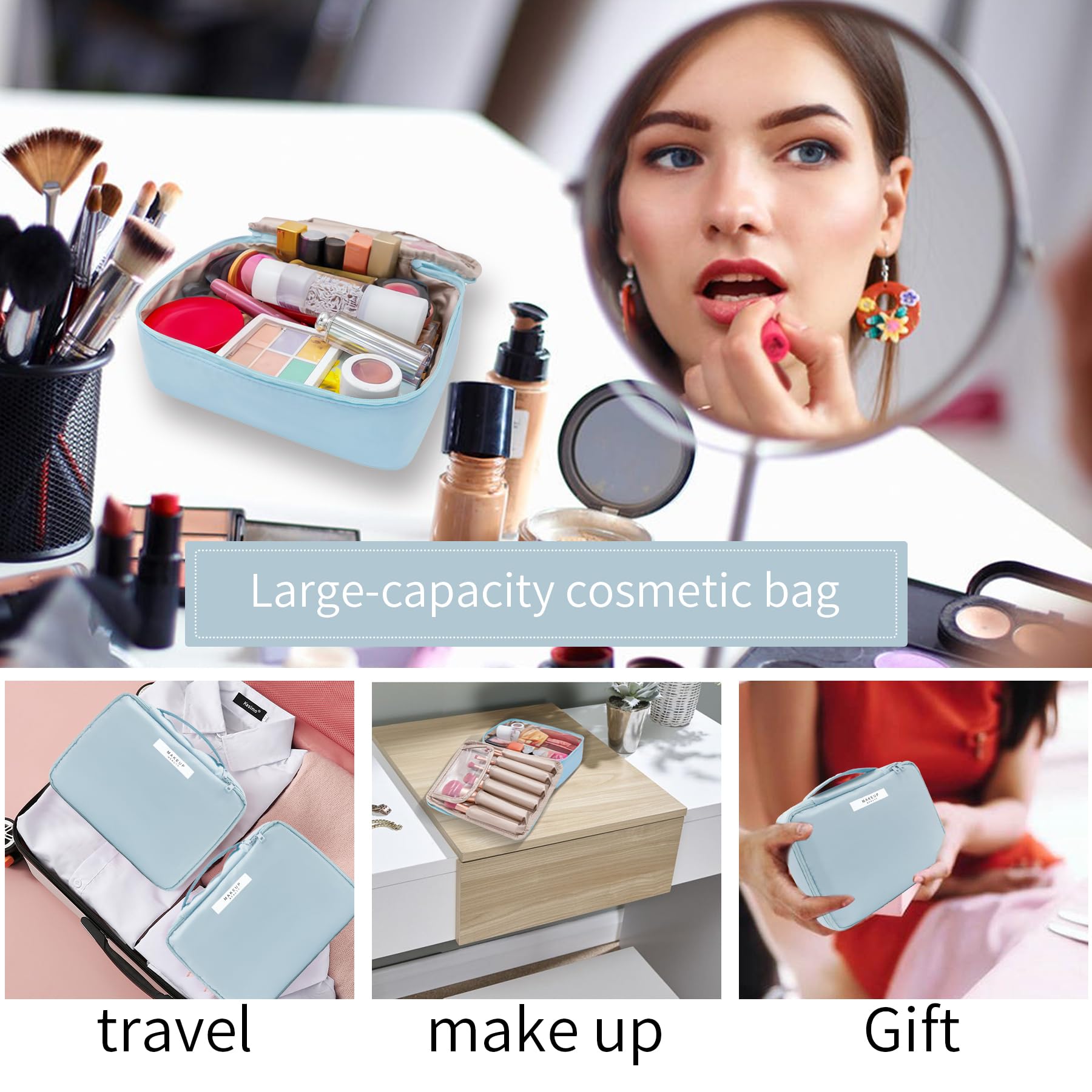 Queboom Travel Makeup Bag Cosmetic Bag Makeup Bag Toiletry bag for women and men (Blue)