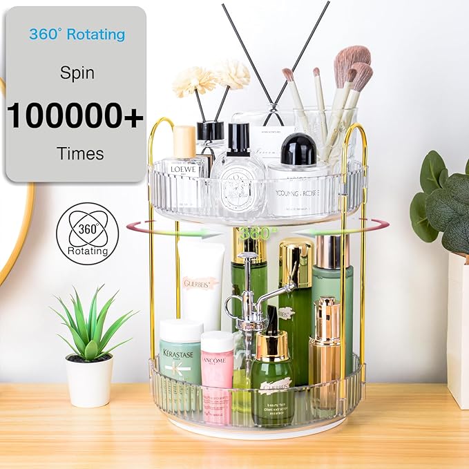Niluks 360 Rotating Makeup Organizer - Large Capacity Spinning Perfume & Cosmetic Skincare Holder for Countertop (Pearl White, 2 Tier)