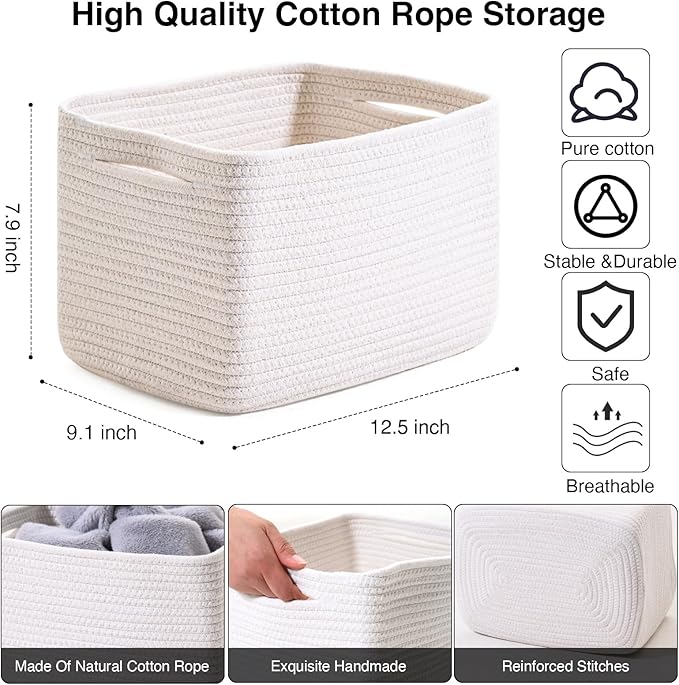 ICERZCZ Storage Baskets for Organizing, Woven Basket for Storage, Storage Baskets Bin for Shelves, Cotton Rope Basket with Handles, 12.5"Lx9.1"Wx7.9"H, (4 Packs) Off White