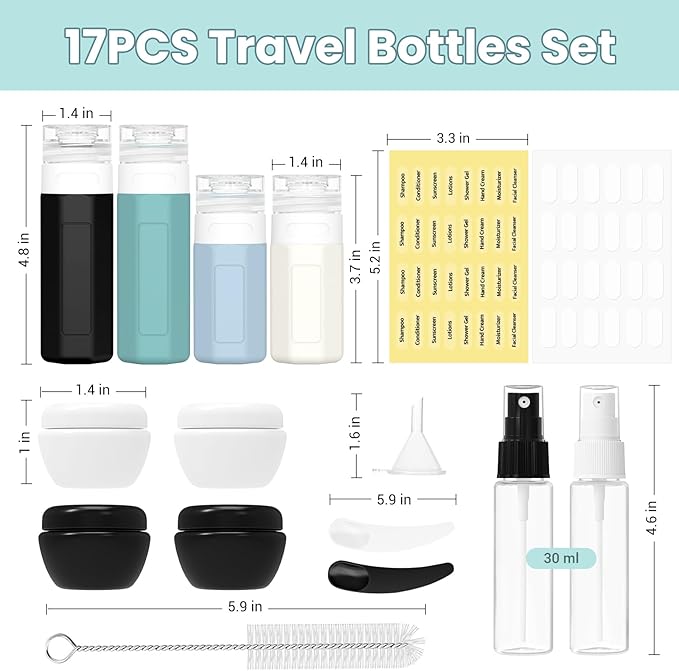 Ruinovate 17 Pack Travel Bottles - TSA Approved Travel Size Toiletries, Leak Proof Containers for Toiletries, Silicone Squeezable Container for Shampoo, Body Wash, Lotion & Conditioner - Blue