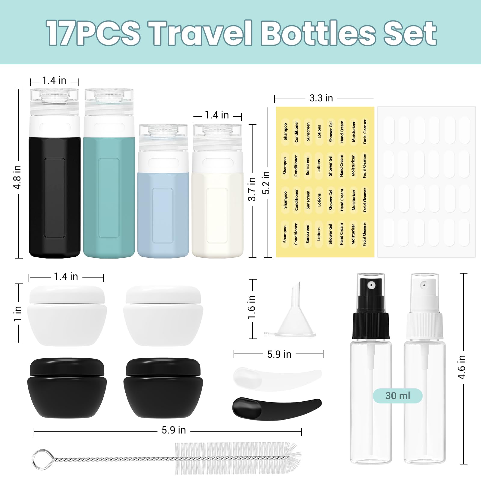 Ruinovate 17 Pack Travel Bottles - TSA Approved Travel Size Toiletries, Leak Proof Containers for Toiletries, Silicone Squeezable Container for Shampoo, Body Wash, Lotion & Conditioner - Blue