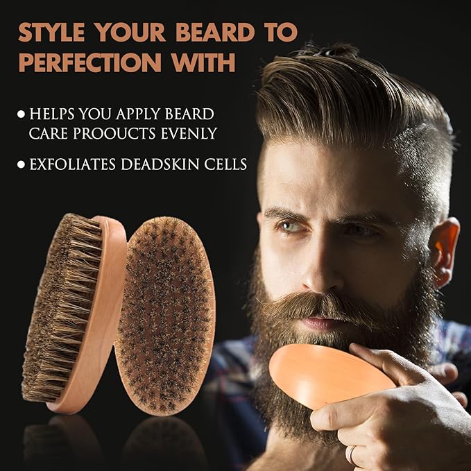 Kootinn Boar Bristle Hair Beard Brush for Men - Small Soft Beard Brush, Pocket Travel Men's Wooden Mustache Brush