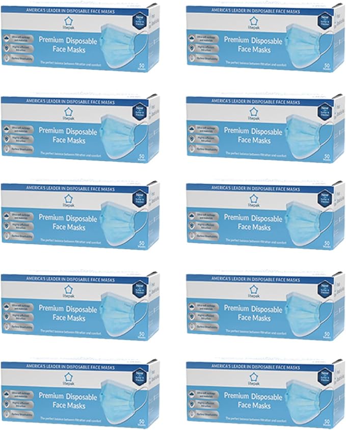 Litepak 500pcs Disposable Face Masks, 3-Ply Dust Mask for Work, Nose Wire