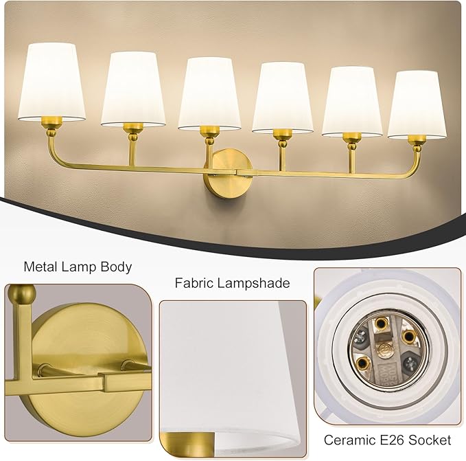 Bathroom Vanity Light, Brushed Gold Bathroom Light Fixtures, 6-Light Lighting Fixtures Over Mirror, Modern Wall Sconce with Flared White Fabric Shade, E26 Socket(ETL Listed)