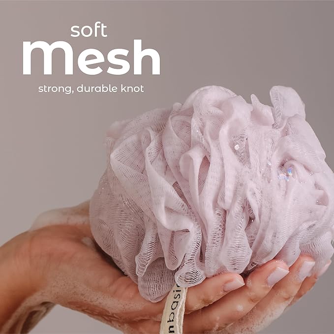 MainBasics Shower Loofah Sponge Pouf, Set of 3, Perfectly Pink