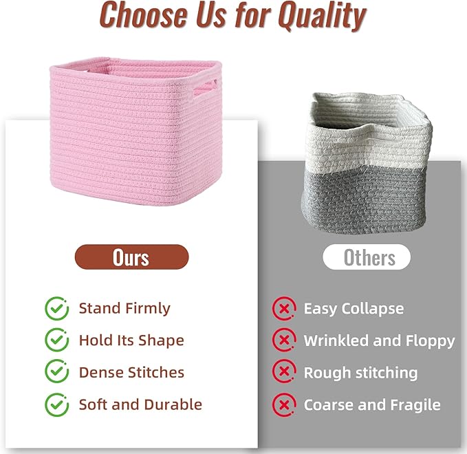 3 Pack Cube Storage Bin, 9”x9”x7” Cotton Rope Woven Baskets for Organizing Toys Clothes Towels, Square Gift Storage Baskets for Shelf, Nursery, Closet, Bathroom, Pantry (Pink)
