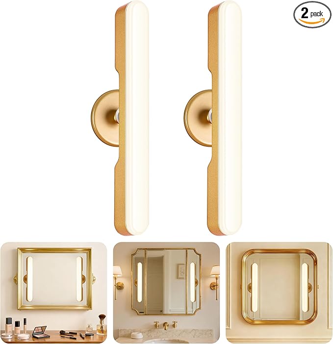 cambk Set of 2 Wireless Vanity Makeup Lights for Mirror, Rechargeable LED Stick On Light Bar for Bathroom Mirror with Dimmable 3 CCT, Long Battery Life Cordless Light for Vanity Desk(Gold)