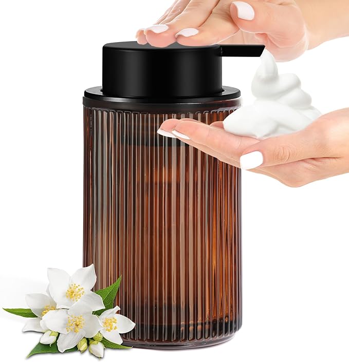 Foaming Soap Dispenser, Amber Glass Foam Hand Soap Dispenser for Bathroom, 11 Fl Oz Ribbed Refillable Foaming Pump Bottle with Black Pump, Modern Dish Soap Foam Dispenser