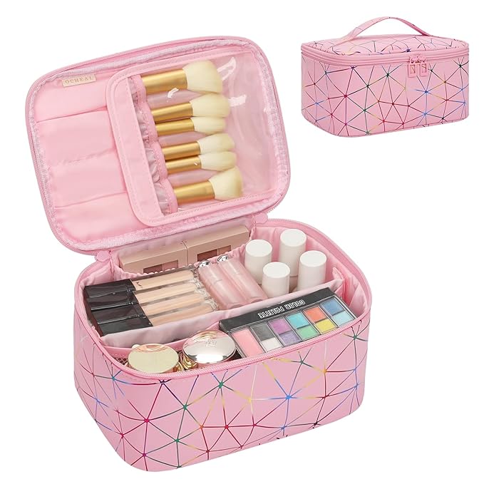 Makeup Bag with Multi-Pockets,Travel Cosmetic Bag with 2 Transparent Side Pockets for Easy Small Item Finding, Enlarged Internal Compartments, Large Capacity Waterproof Bottom Makeup Organizer -Floral