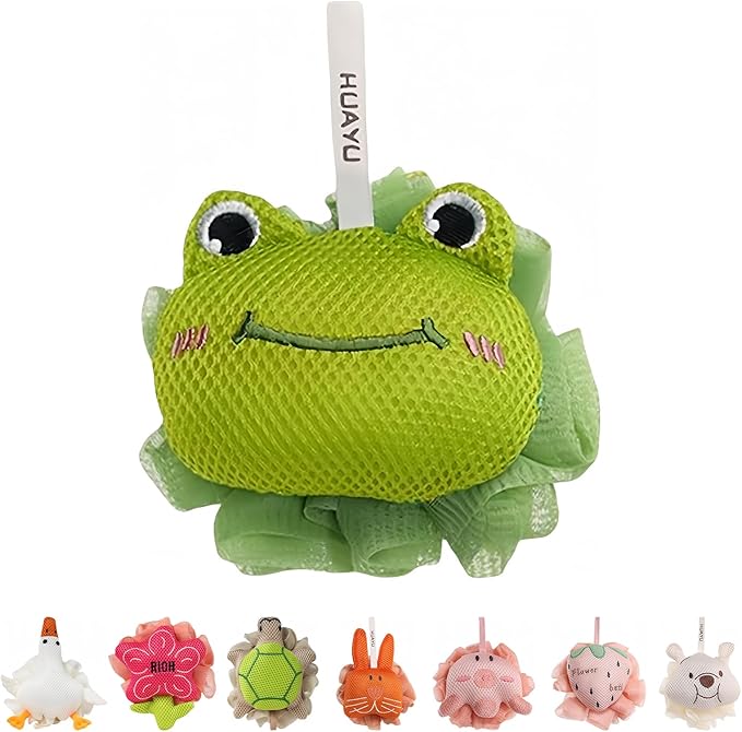 Kids Loofah, Cute Cartoon Animal Kids Bath Sponge with Hanging Rope, Soft Double Mesh for Rich Lather (Green Frog)