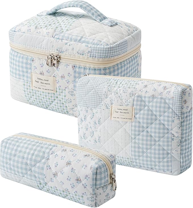 uekeboag 3Pcs Large Travel Quilted Makeup Bag for Women, Floral Cotton Cosmetic Bag, Coquette Aesthetic Floral Toiletry Organizer Bag(3Pcs Blue patchwork