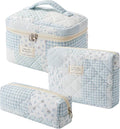 uekeboag 3Pcs Large Travel Quilted Makeup Bag for Women, Floral Cotton Cosmetic Bag, Coquette Aesthetic Floral Toiletry Organizer Bag(3Pcs Blue patchwork