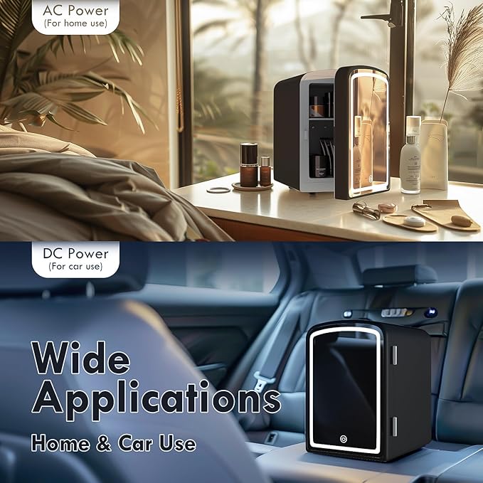 COYCYQI 4L Mini Skincare Fridge with Dimmable LED Mirror, Portable Beauty Refrigerator for Makeup, Cosmetic, Personal Small Refrigerator with Cooler and Warmer for Bedroom, Office and Car(Black)