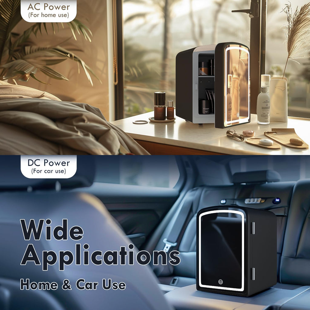 COYCYQI 4L Mini Skincare Fridge with Dimmable LED Mirror, Portable Beauty Refrigerator for Makeup, Cosmetic, Personal Small Refrigerator with Cooler and Warmer for Bedroom, Office and Car(Black)