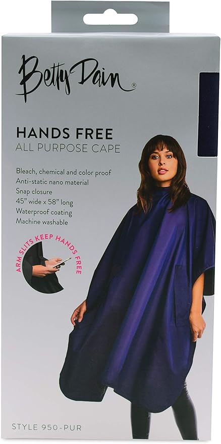Betty Dain Hands-Free All-Purpose Bleach Proof Cape, 45" W x 58" L, Chemical, Color, Waterproof Polyester, Anti-static Nano Material, Machine Washable, Purple