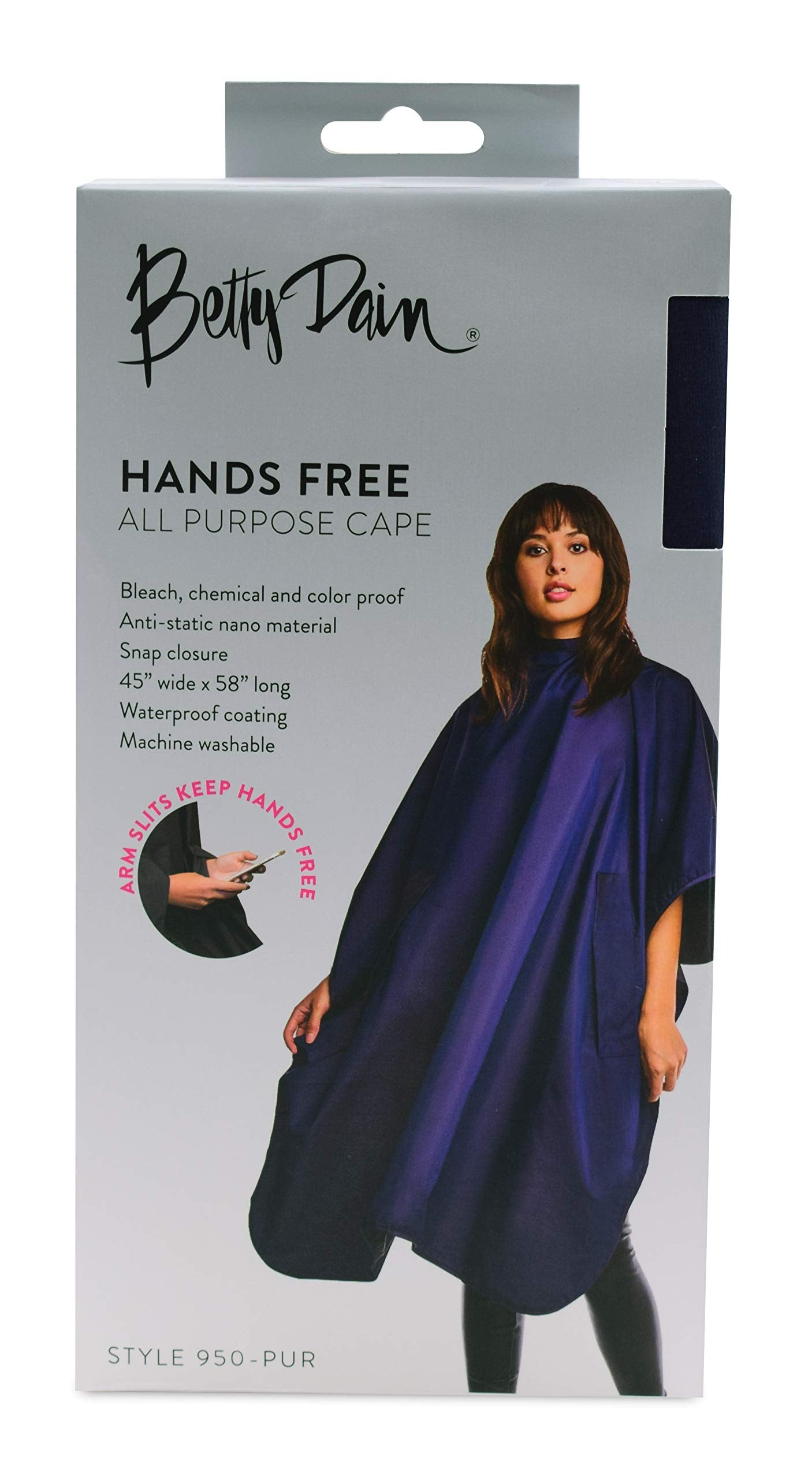 Betty Dain Hands-Free All-Purpose Bleach Proof Cape, 45" W x 58" L, Chemical, Color, Waterproof Polyester, Anti-static Nano Material, Machine Washable, Purple