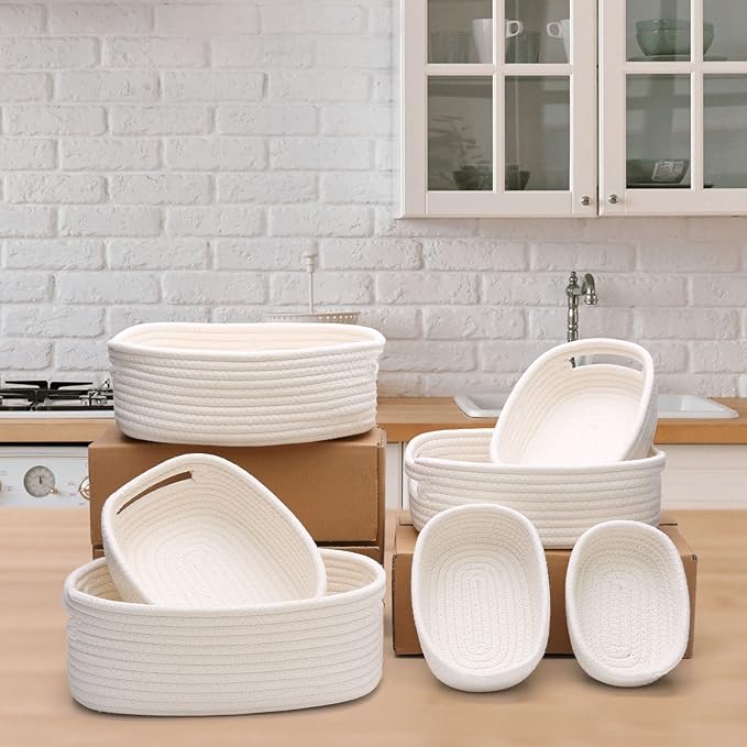 HLWDFLZ 7 Piece Cotton Rope Woven Basket Set - Small Basket for Baby Nursery, Pets, Montessori, Dog & Cat Toy Boxes, Bathroom Organization Bins (White)
