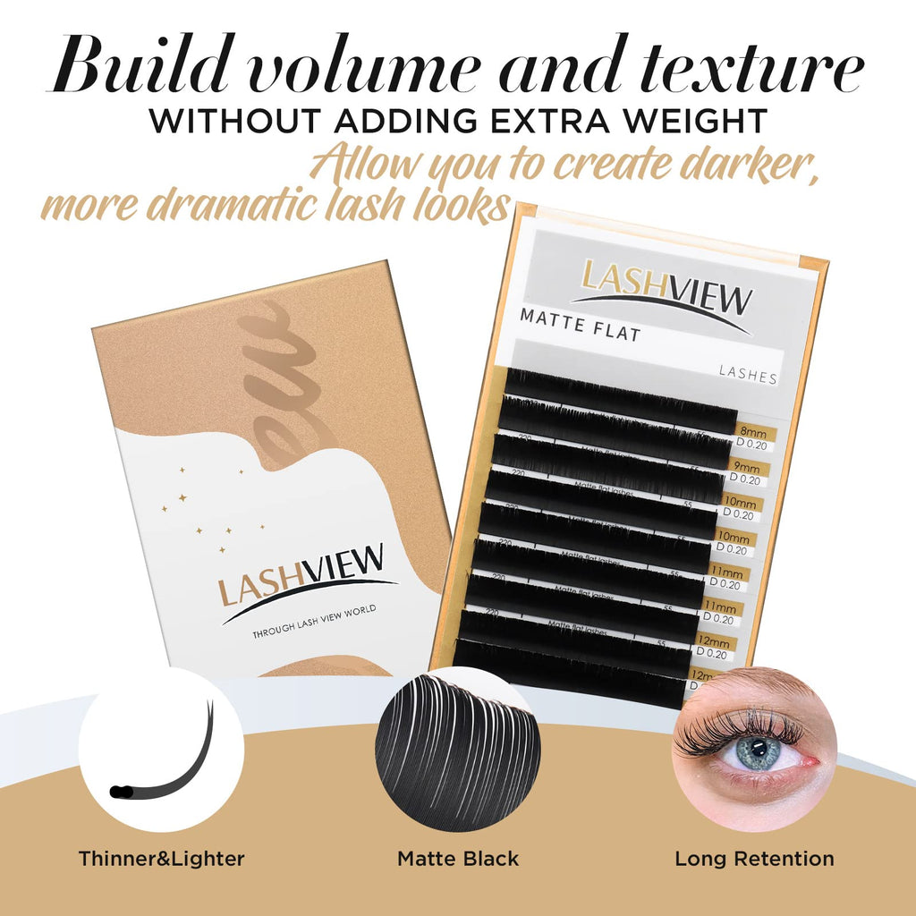 LASHVIEW Eyelash Extensions,Ellipse Flat Eyelash Extensions 0.20mm C Curl 10mm, Black,Individual Lashes,Semi-Permanent Extremely Soft Professional Salon Use