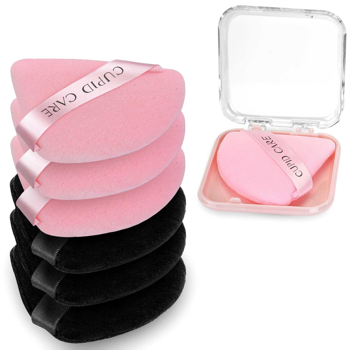 CUPID CARE 6 Pcs Triangle Powder Puff with 2 Travel Cases, Setting Powder Puffs for Face Powder and Foundation, Velour Makeup Puff for Loose Powder Body Powder, Skin-Friendly, Beauty Makeup Tools-Red
