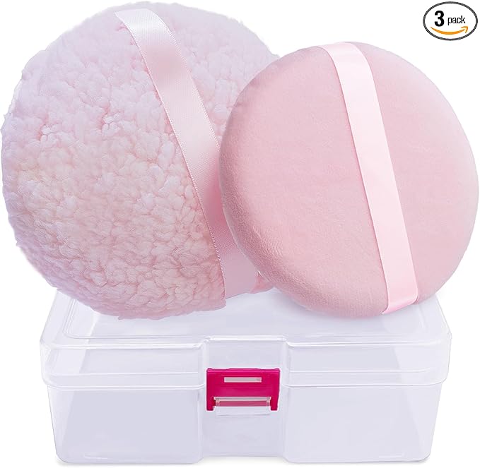 2pcs Powder Puffs, 6'' Body Powder Puff and 5'' Dusting Powder Puff and Container, Extra Large, Fluffy Soft, Washable, Reusable