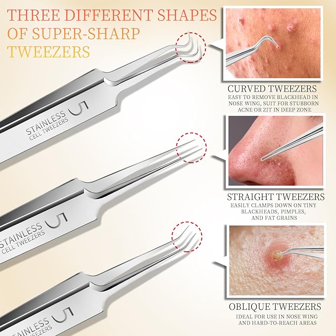 Teenitor 4 Pcs Professional Blackhead Tweezers and Pimple Popper Tool Kit, Stainless Steel Cell Tweezers for Blackhead, Pimple, Whitehead, Ance